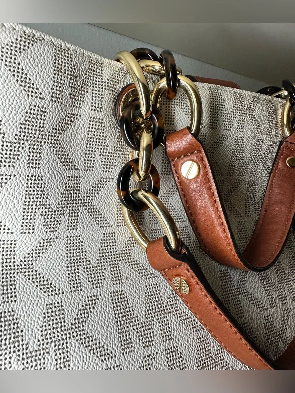 Michael Kors Cream Signature MK Logo Tote with Brown Leather Trim
